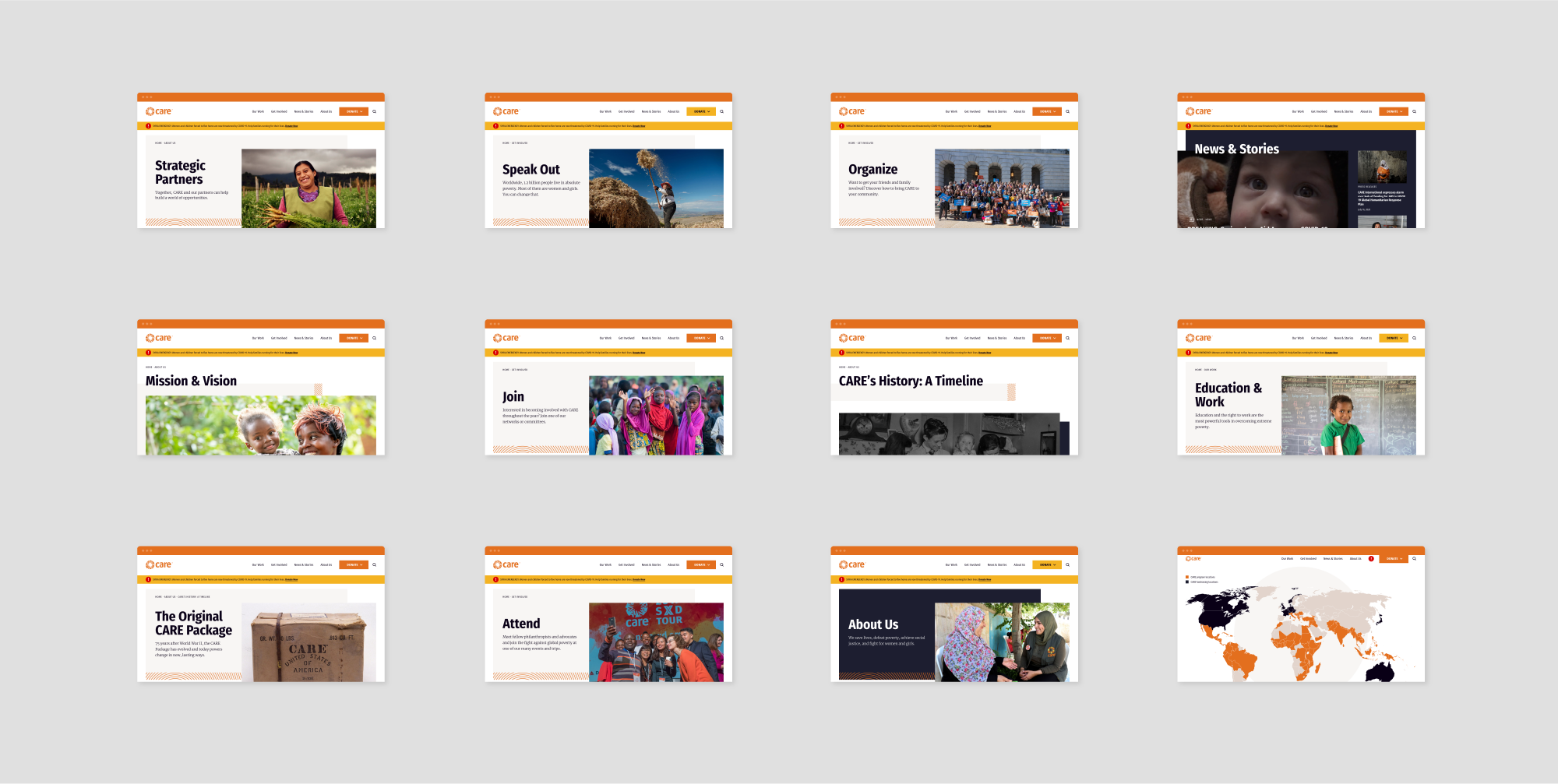 Collection of 12 browser mockups from CARE's new website.