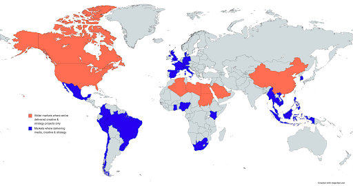 Image of a world map colored in orange and blue for areas where Blue State has contributed in wider markets for where we've delivered creative and strategy projects only (orange) and markets where delivering media, creative and strategy (blue)