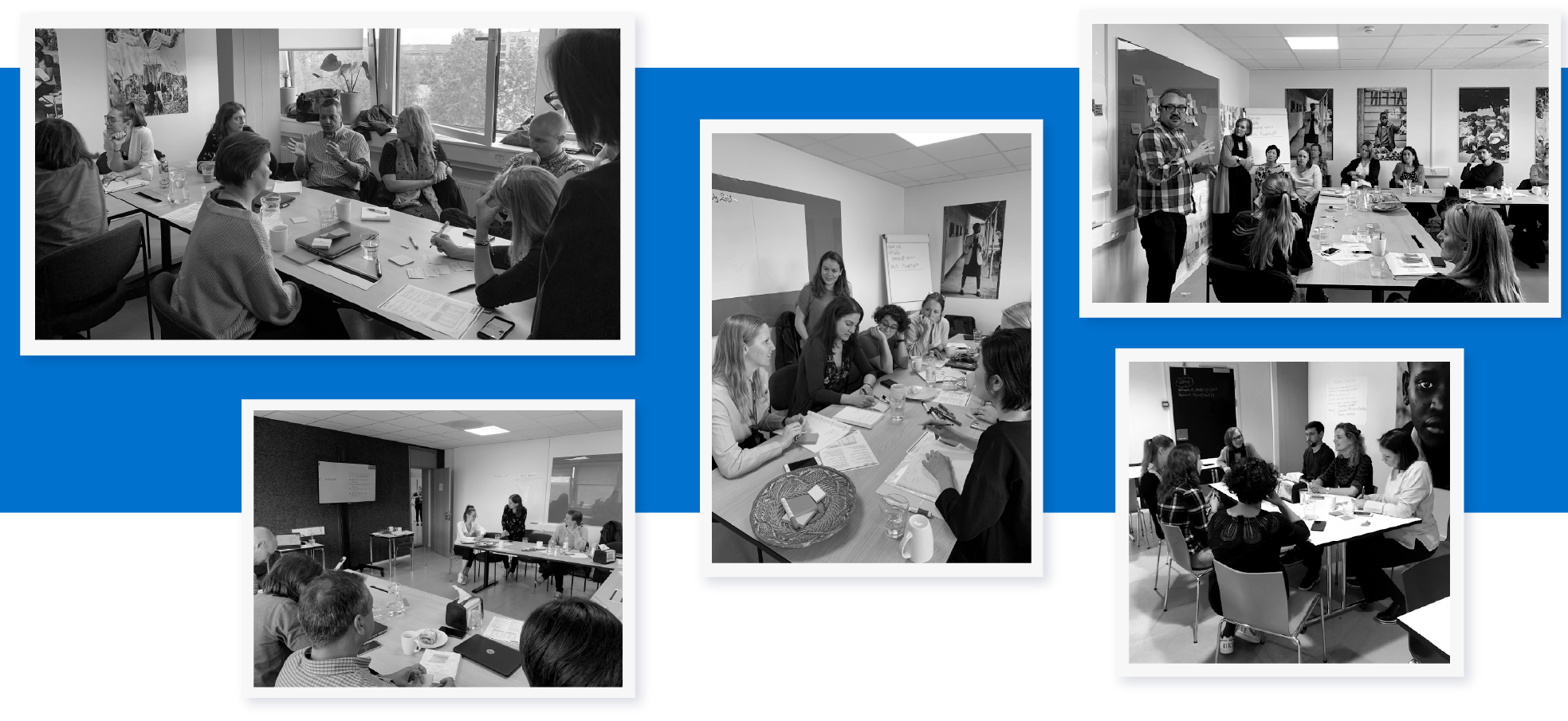 Collection of black and white photos over blue background, featuring workshop sessions with Plan International