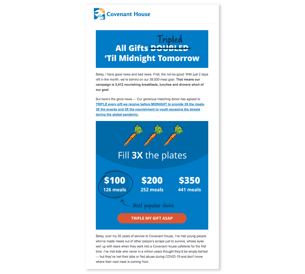 An email from Covenant House about a triple gift.