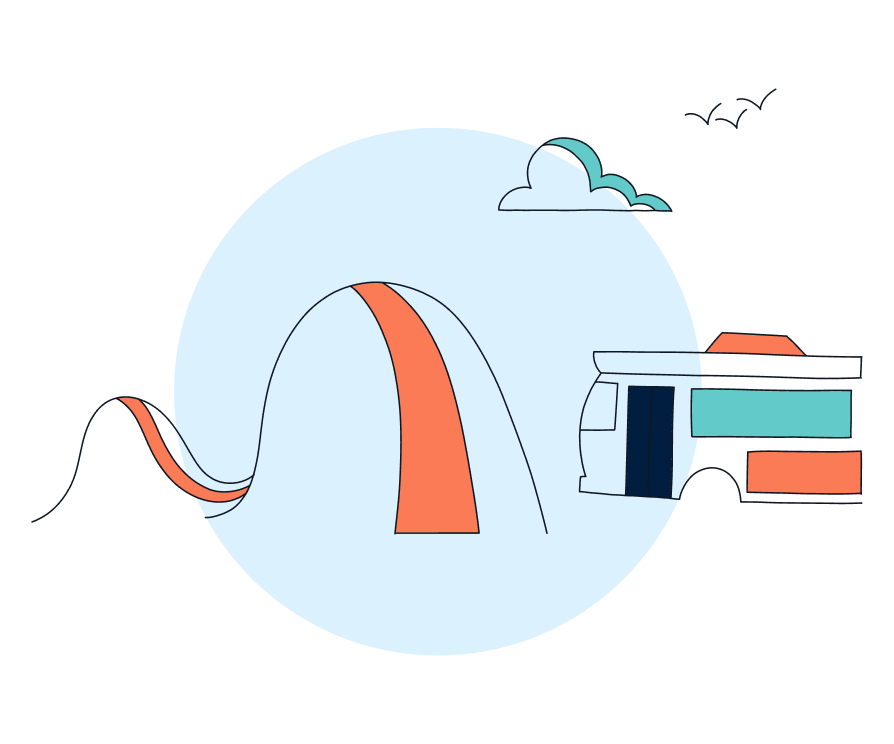 Illustration of van approaching hills
