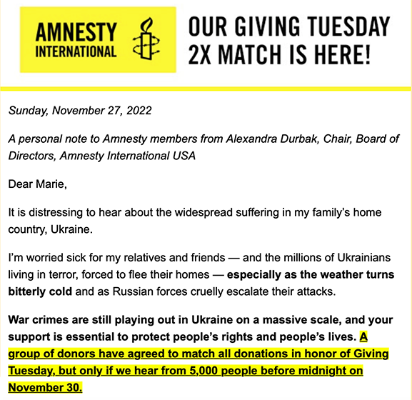 Amnesty International email highlighting a first-person account on the war in Ukraine.