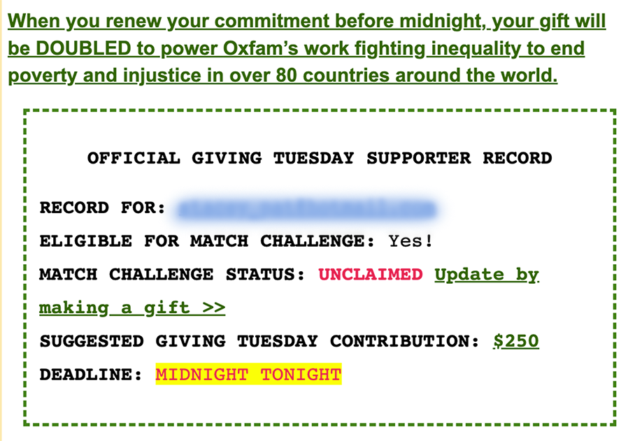 Midnight reminder email via Oxfam.
