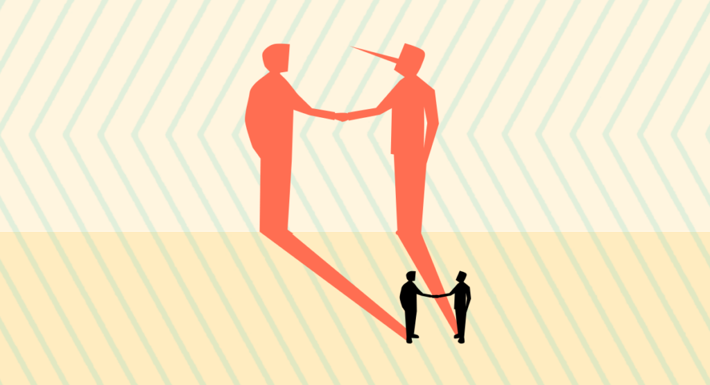 Illustration of two people shaking hands while one's nose is long like Pinocchio's