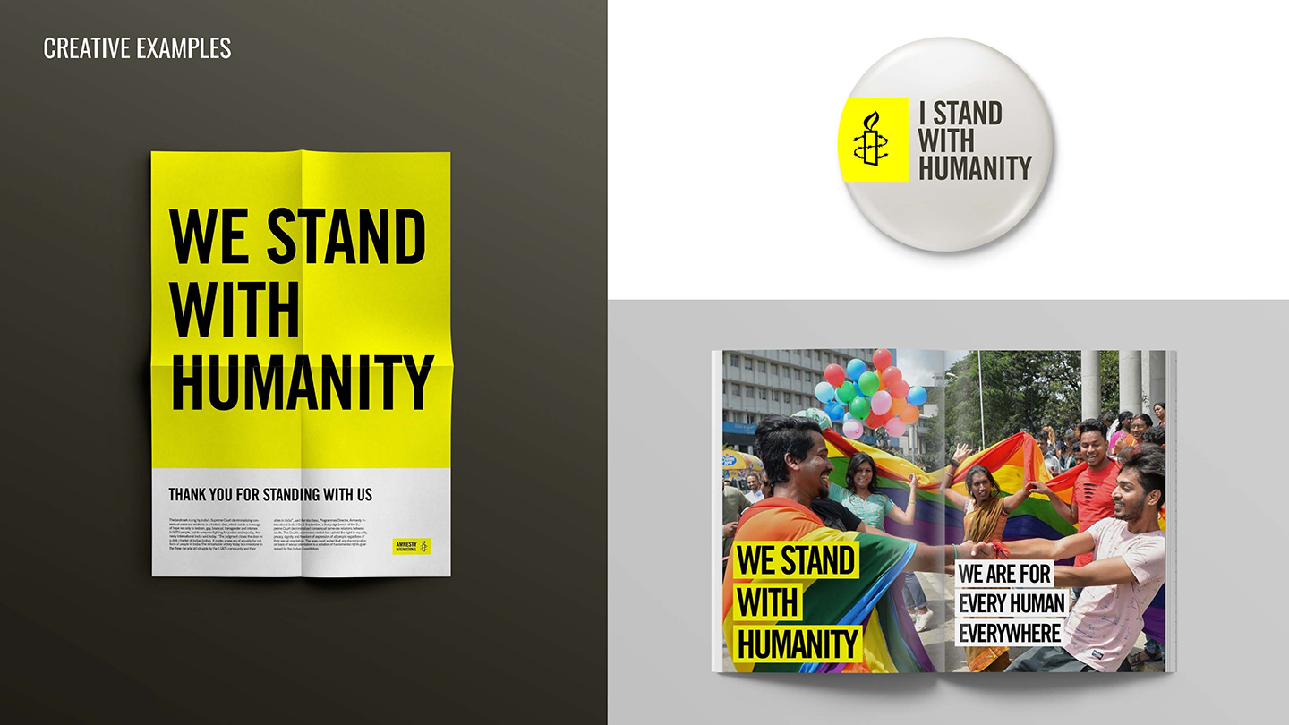 Collection of branded assets for Amnesty International: Magazine ads, button