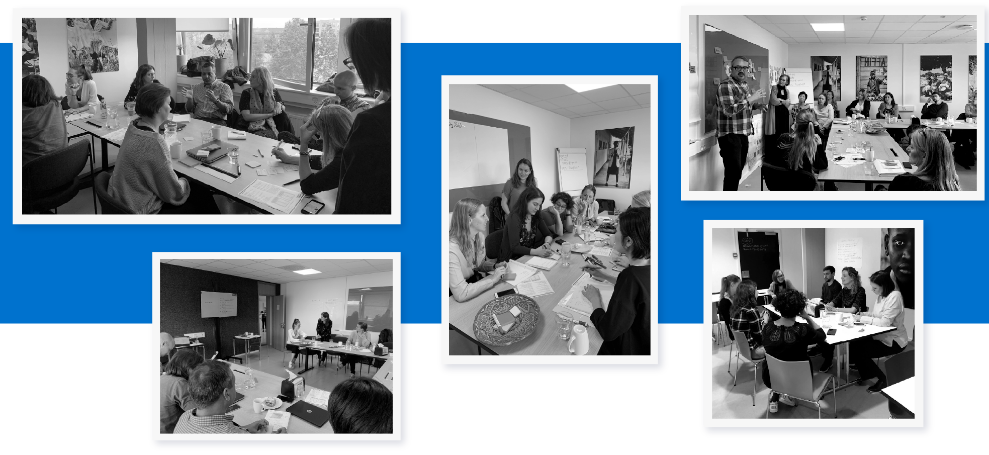 Collection of black and white photos over blue background, featuring workshop sessions with Plan International 