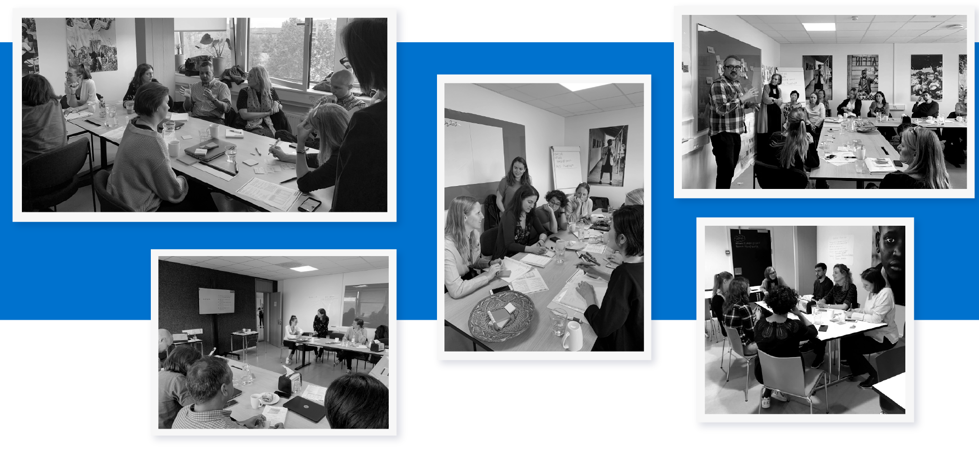 Collection of black and white photos over blue background, featuring workshop sessions with Plan International 