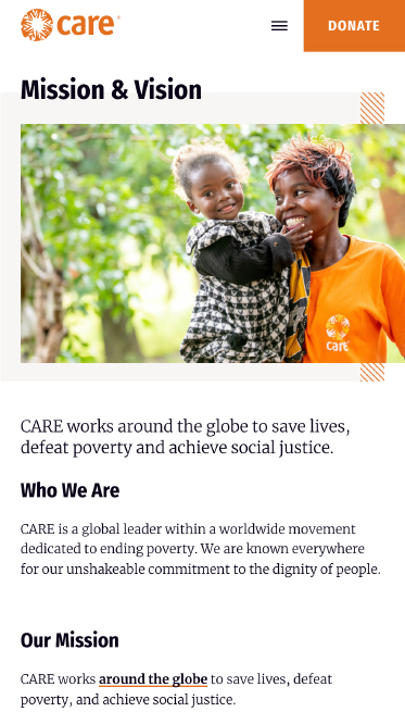 Mobile Mockup of CARE's website: Mission & Vision
