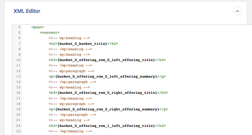 Screen capture of the XML editor - Gutenberg
