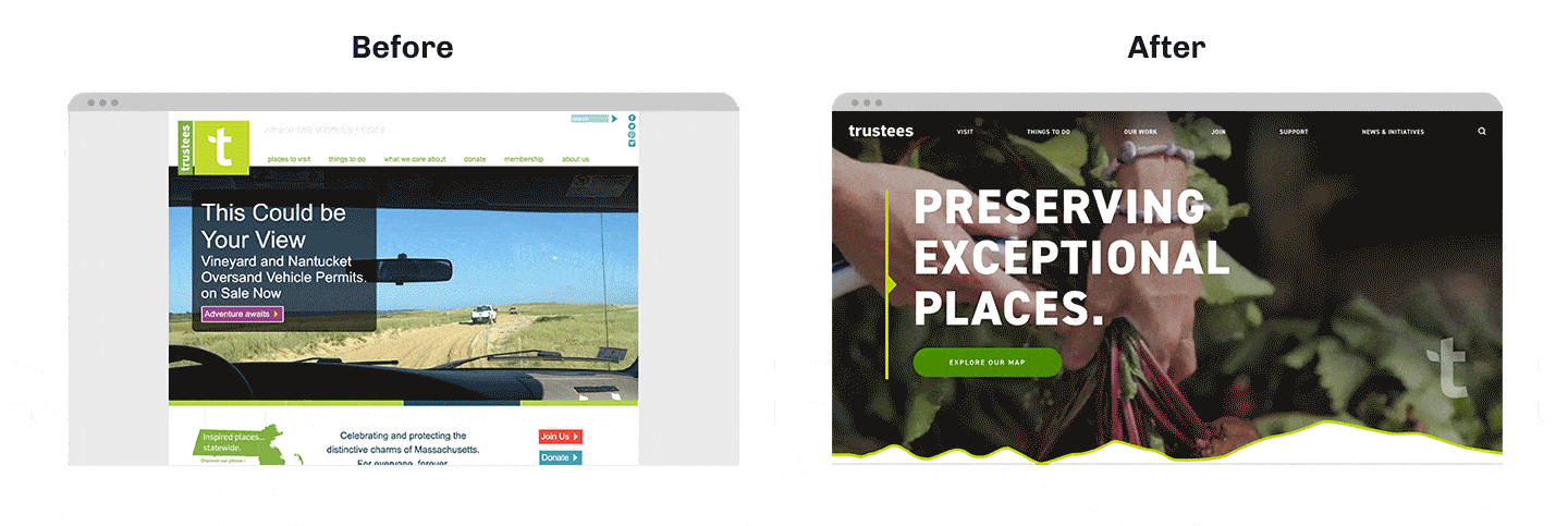 GIF of The Trustees' landing pages: before and after our partnership. 