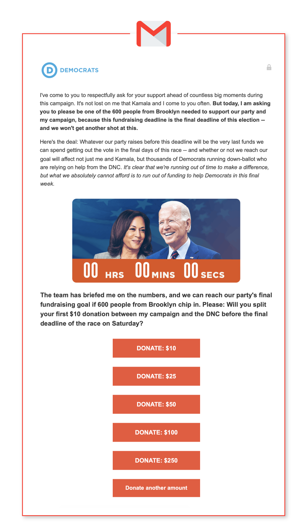 An email from the Democrats about asking for money for the Biden/Harris campaign.
