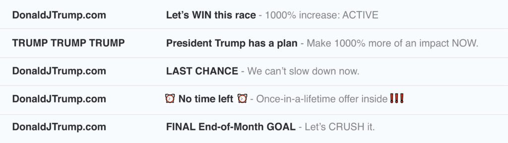 Screengrab of a collection of emails from the Trump campaign.
