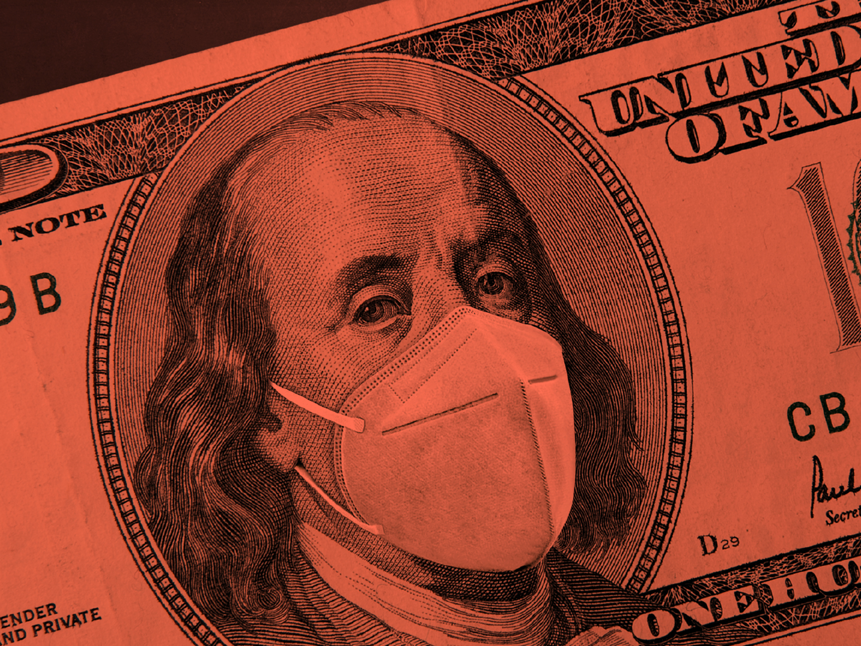 $100 bill, red overlay. Benjamin Franklin wearing a mask.