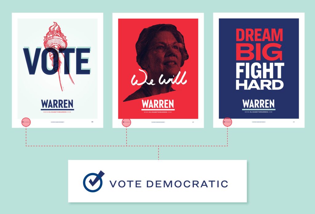 Trio of Elizabeth Warren posters with a "Vote Democratic" phrase.