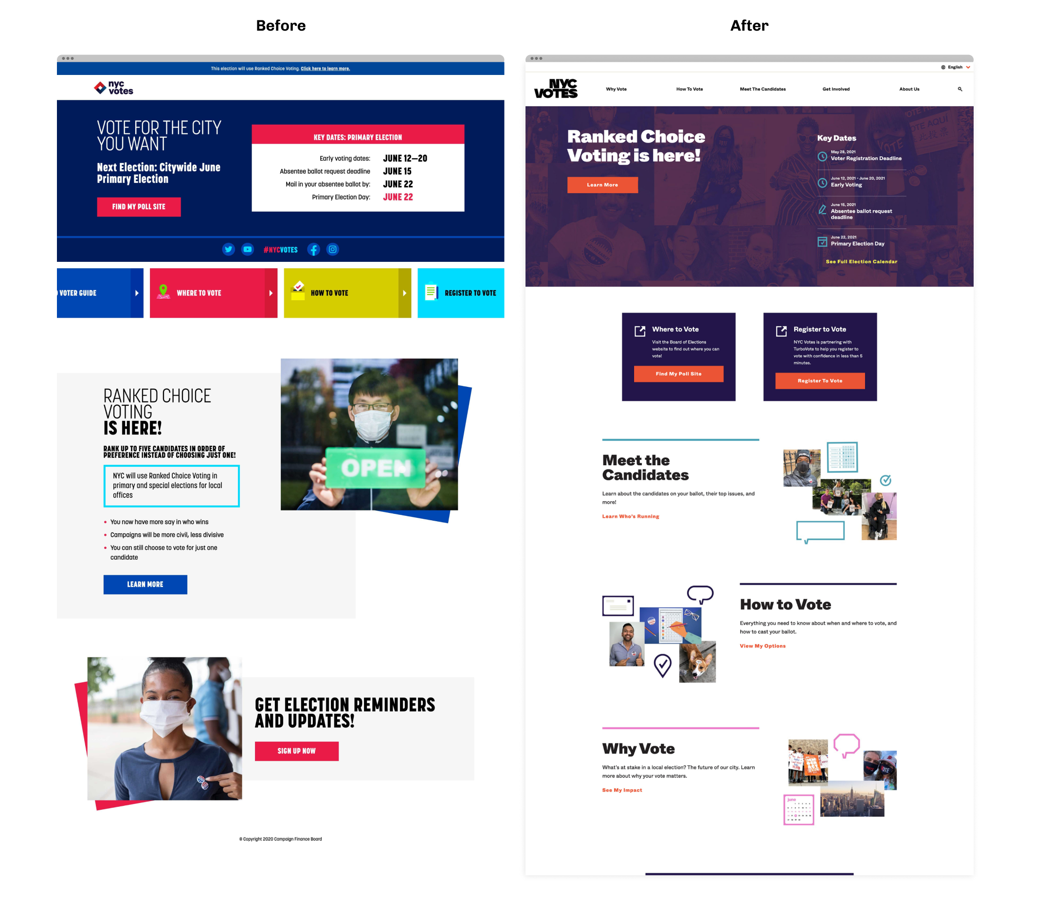 "Before" and "after" images of the NYC Votes website. 