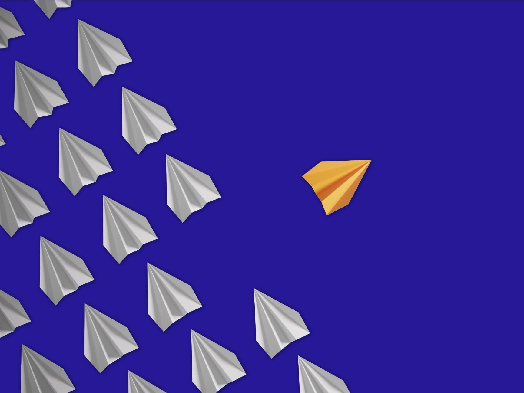 collection of paper planes flying in one direction, with one yellow plane flying in the opposite direction