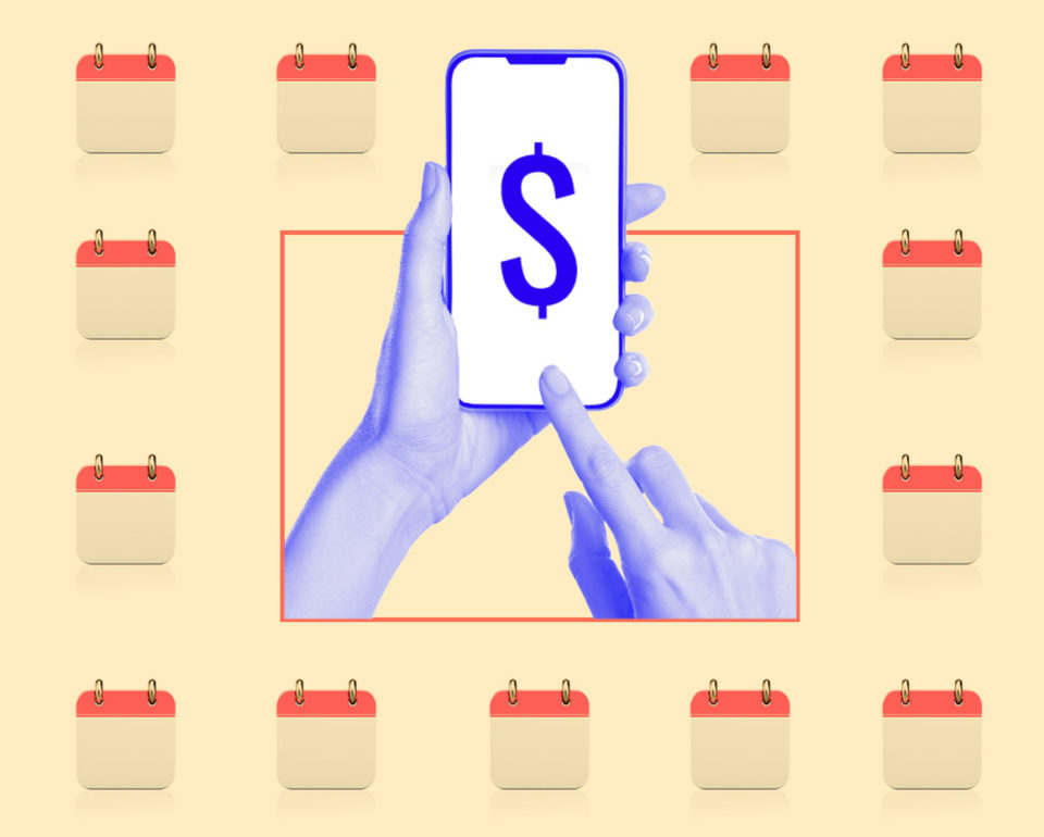 Two hands holding a smartphone with a dollar sign in the middle, over a beige background with small calendar icons