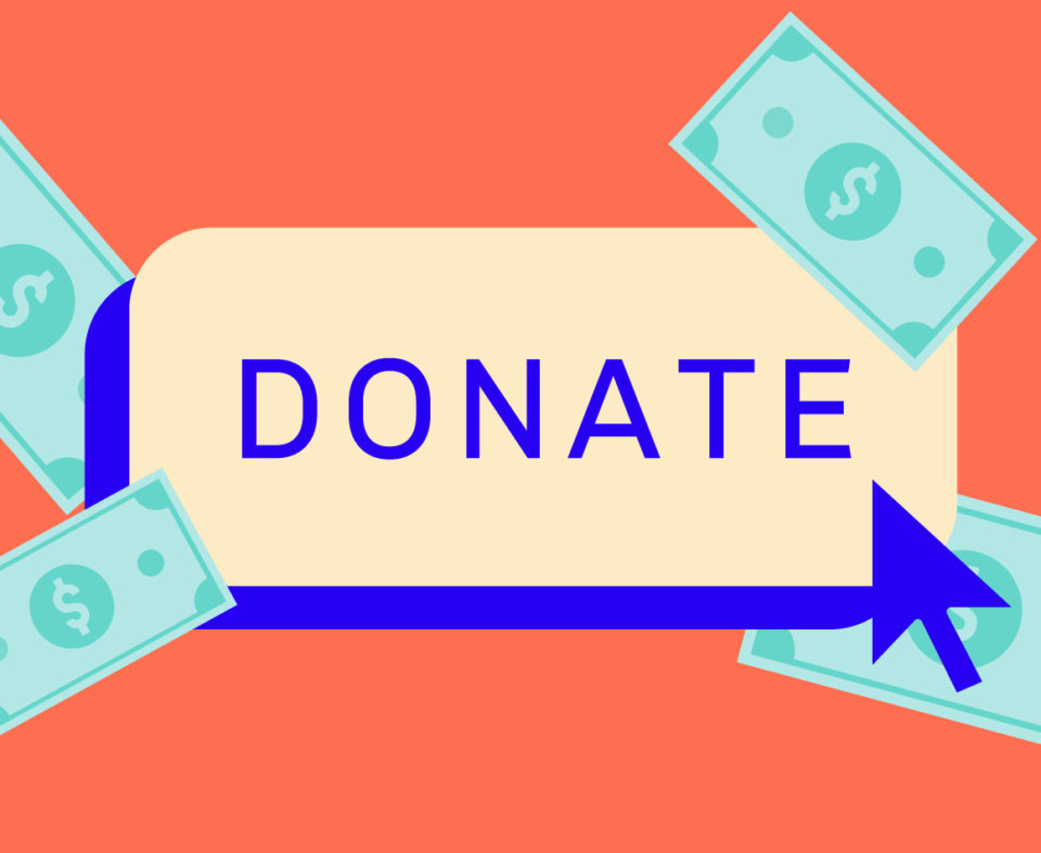 Donate button with cursor over it, dollar bills floating around the button