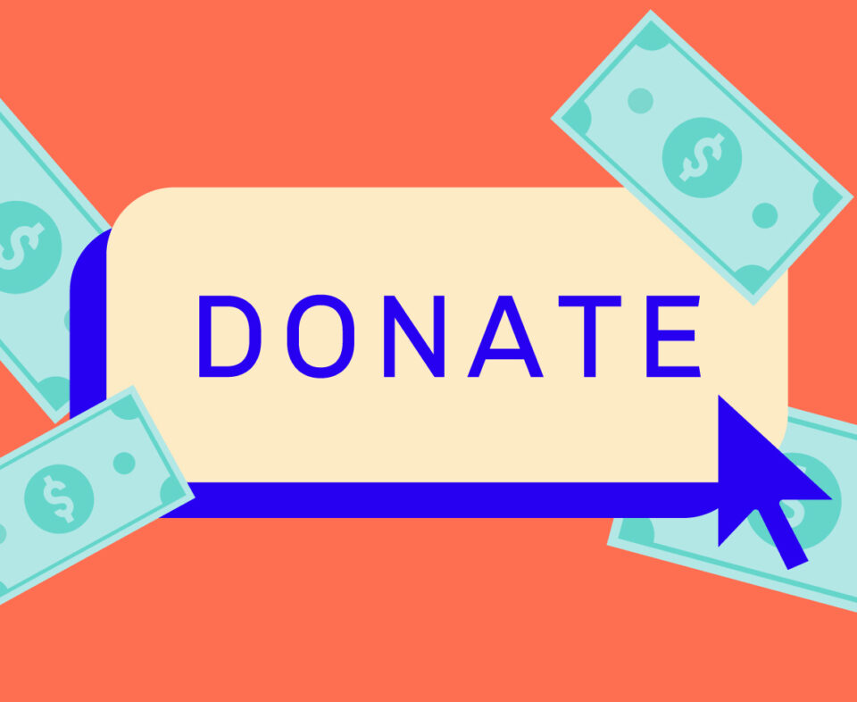 Donate button with cursor over it, dollar bills floating around the button