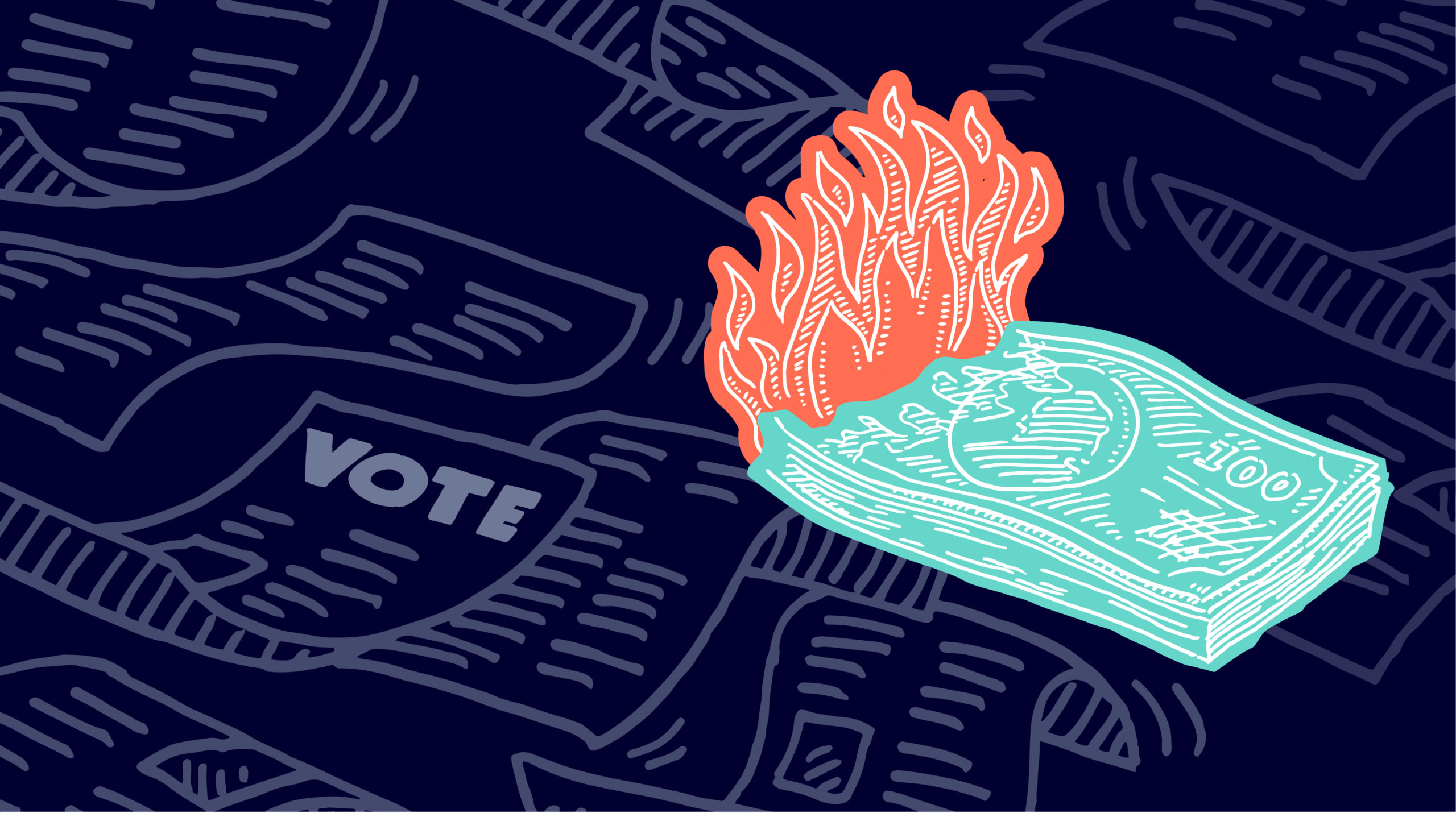 dollar bill on fire, over a background of navy blue voting slips