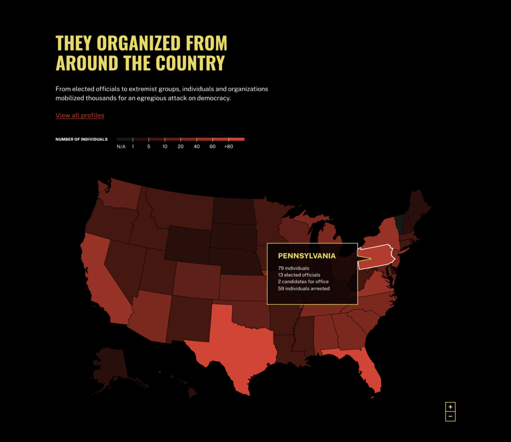 Map featured on the homepage of the resource highlighting insurrectionist involvement state by state. Red map of the US over a black background. 