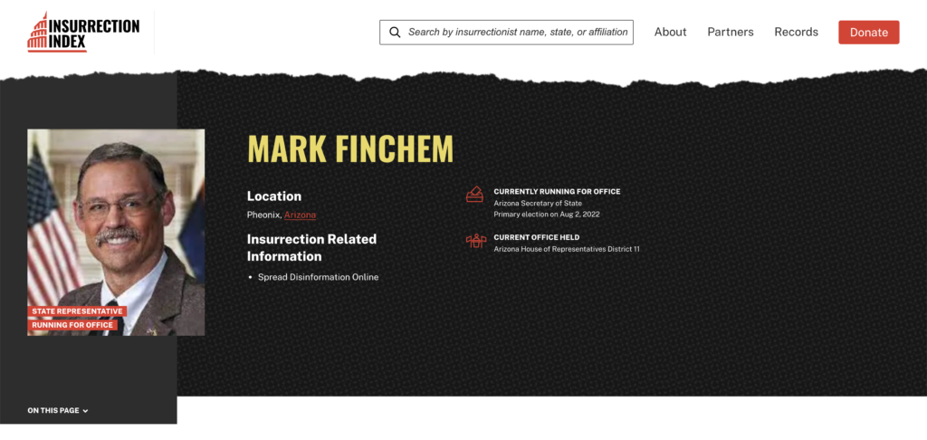 Profile card for an insurrectionist, Mark Finchem of Arizona. 
