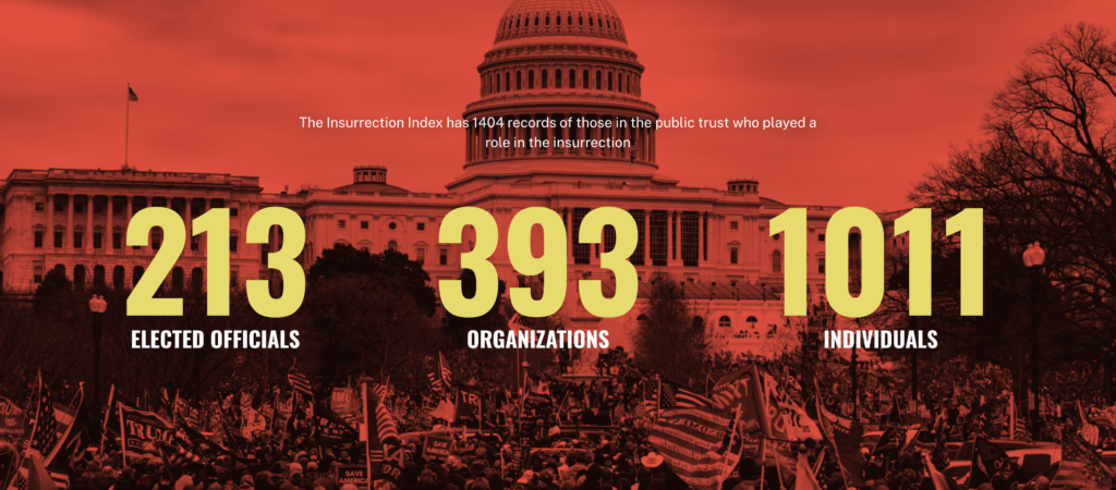Statistics detail from the homepage, showing three stats (213 elected officials, 393 organizations, 1011 individuals) that were involved in the insurrection. Over a red background image of the Capitol. 