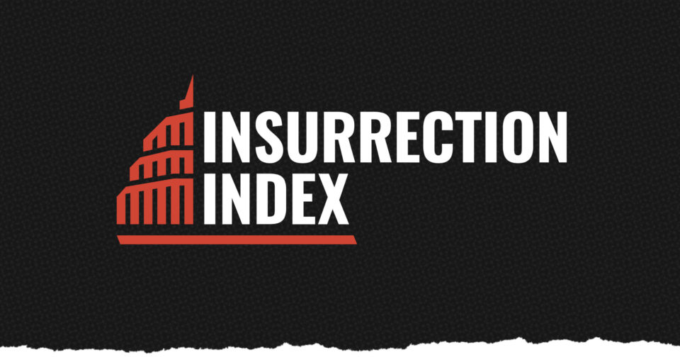 Insurrection Index logo -- white text, black background, with a red Capitol building design.