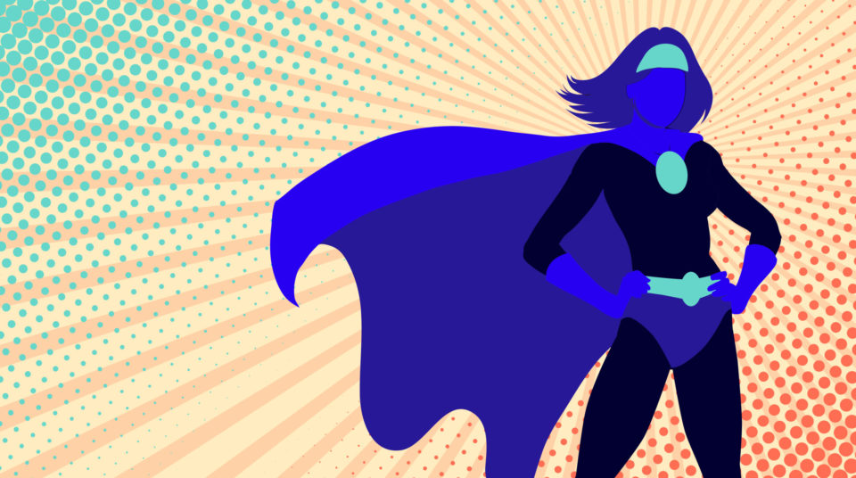 Superwoman illustration in front of a yellow and orange background