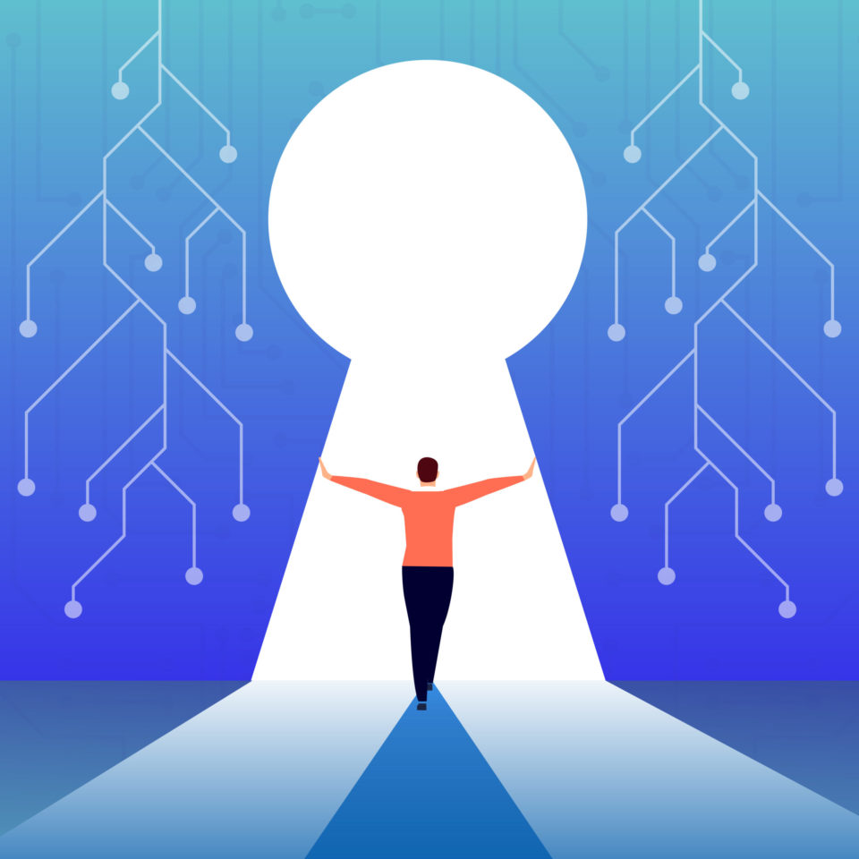 An illustration of a person pushing their arms across a large keyhole, with blue background