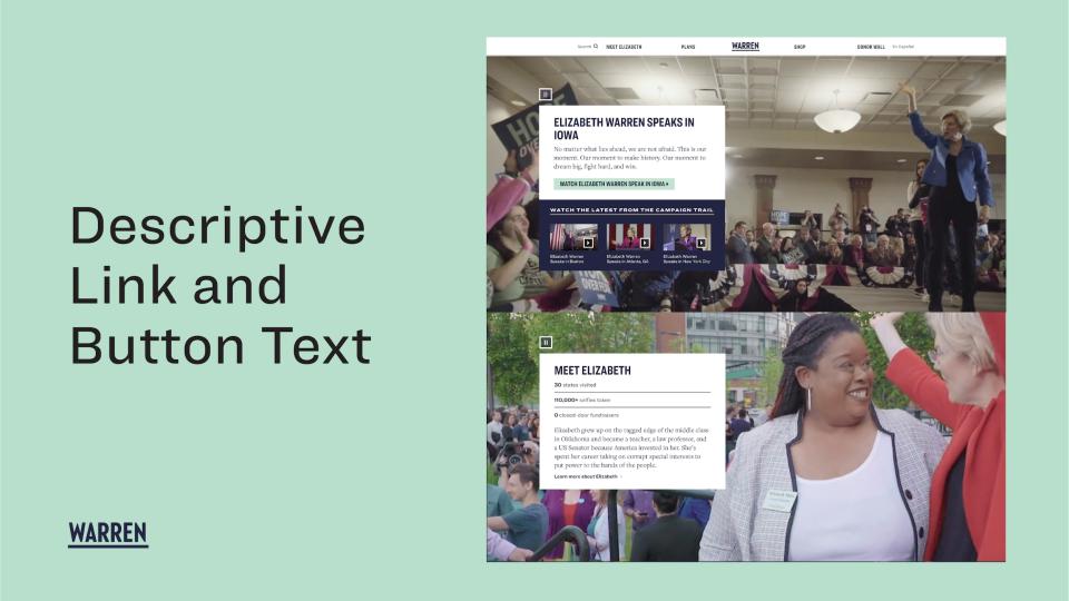 A light green background with the text "Descriptive Link and Button Text" on the left hand side. On the right hand side, two screenshots of Elizabeth Warren website pages showcasing the button components. 
