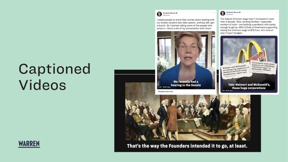 Light green background with the text "Captioned Videos" on the left hand side in dark blue font. On the right hand side, three overlapping screenshots of Elizabeth Warren for President videos with closed captions. 