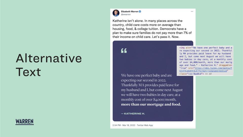 Light green background with text "Alternative Text" on the lefthand side. On the right side, a screenshot of a tweet from Elizabeth Warren (which features a quote graphic). Overlaid on top is a screenshot of the alt text from that tweet. 