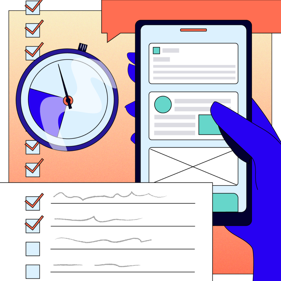 Collection of visuals, a clock, a phone, a text bubble, and a checklist over an orange background.