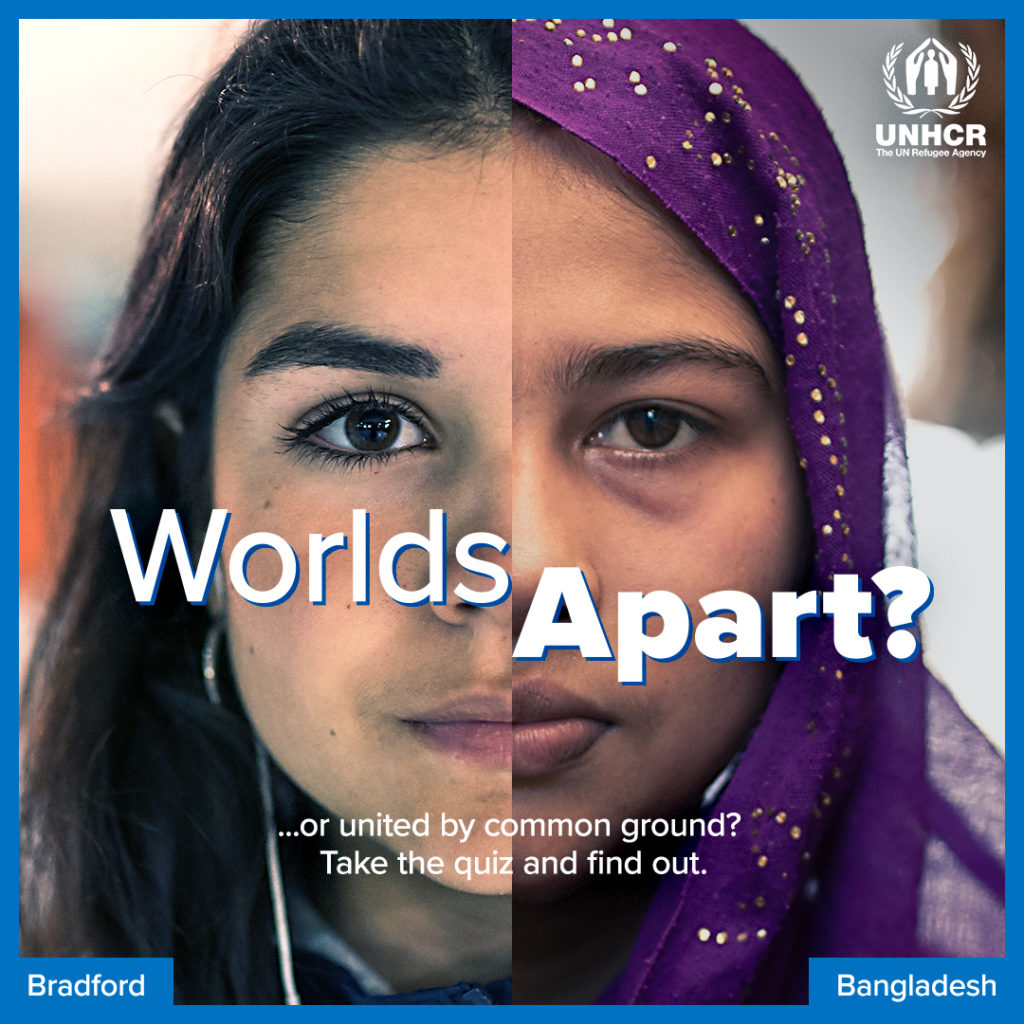 Image split side by side of one woman from Bradford and the other from Bangladesh. Has text over woman's face that says, "Worlds Apart ... or united by common ground? Take the quiz and find out." 