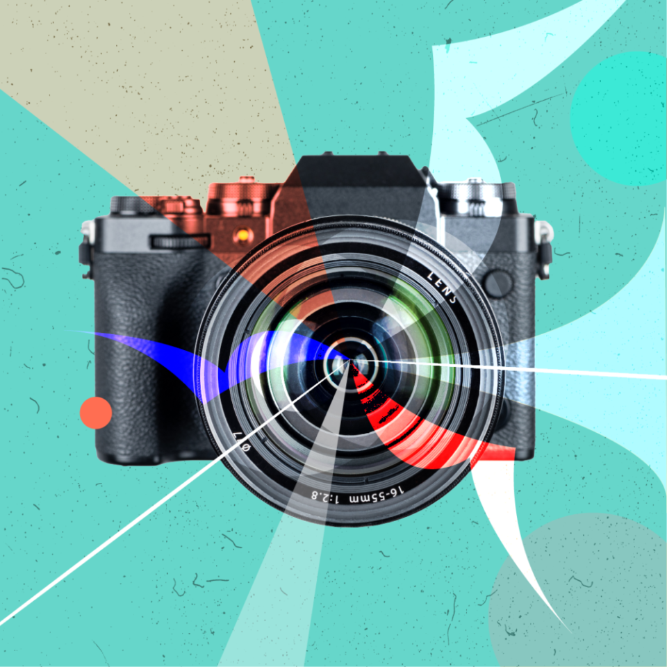 Image of a black camera over teal background. At the center of the camera lens, there are streams of white, red, and gold light coming out.