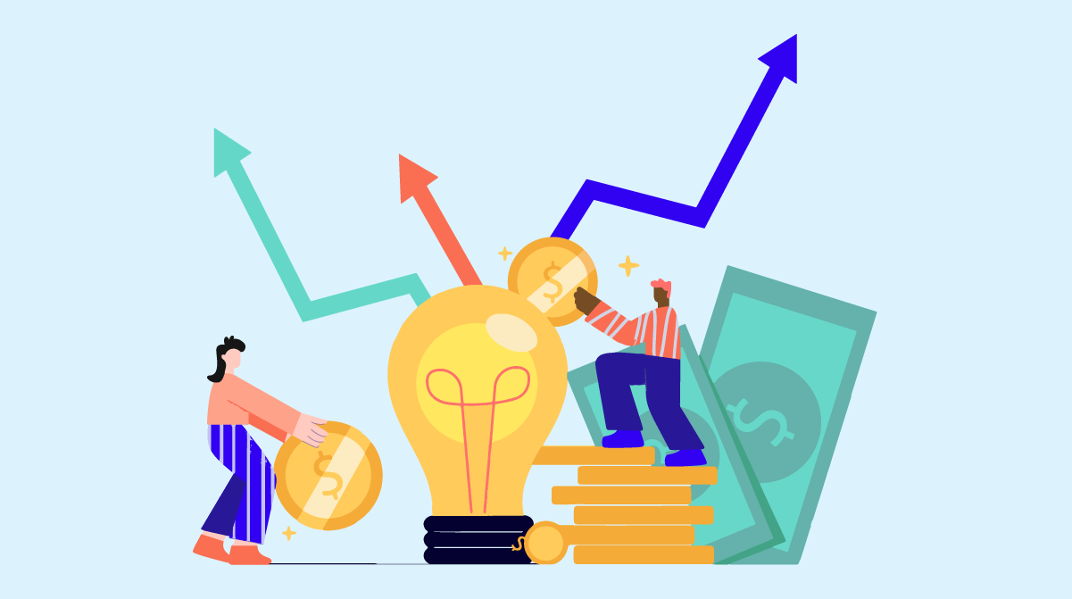 Graphic of light bulb in the center of image and two folks (both wearing red striped shirts and blue jeans) on opposite sides that are adding coins into the top of the bulb. Person on the right stands on a stack of coins with dollar bills in the background. Their coin goes into the light bulb with three arrows (colors: green, red, and blue) shooting out. Person on the left is standing and holding their coin in what looks to be a struggle.