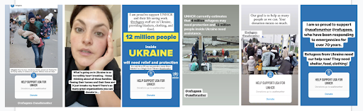 Screenshot images of Instagram stories supporting the UNHCR Ukraine Emergency campaign 