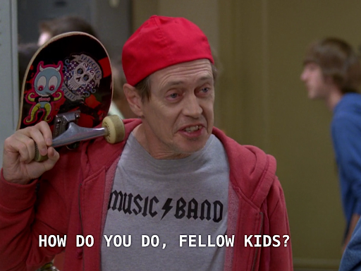 Steve Buscemi meme, "How do you do, fellow kids?" Referenced from 2012 episode of '30 Rock'