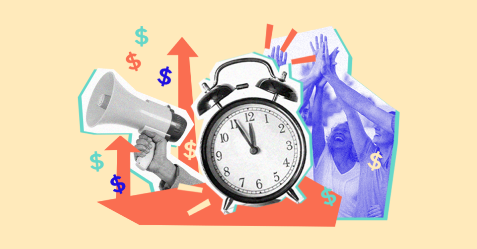 Collage cut-out – alarm clock, banner, and people reaching their hands happily in unison – at the center and foreground with animated arrows pointing upwards and dollar signs in the background.