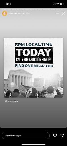 Instagram story screenshot in black and white of The Supreme Court and a pro-choice abortion rally in the background with the caption, "5pm local time today rally for abortion rights! Find one near you," in the foreground of the image