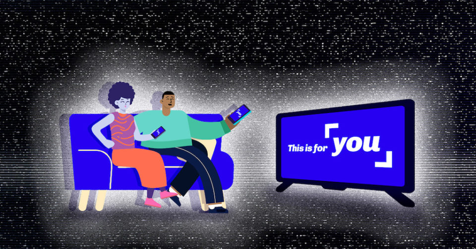 Couple on sofa (left) watching tv (right) in black background