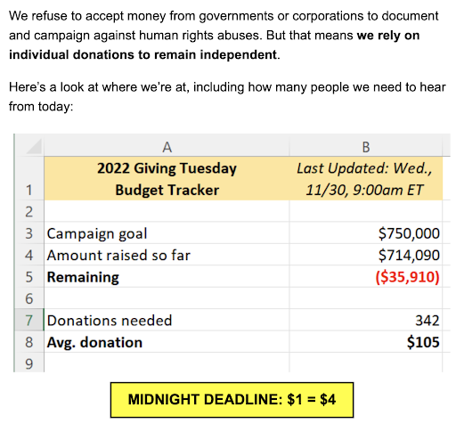 Image shows 2022 Giving Tuesday Budget Tracker and remaining amount needed to reach goal for Amnesty International USA. Purpose is to address transparency. 