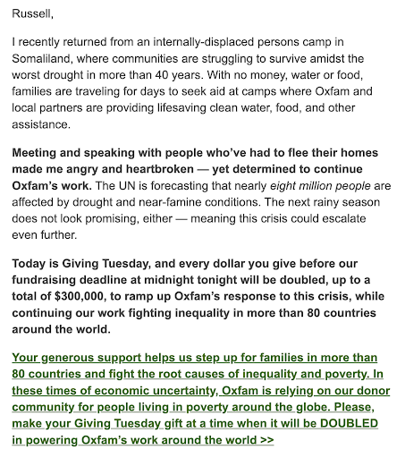 First-person appeal coming from the CEO in an Oxfam fundraising email. 