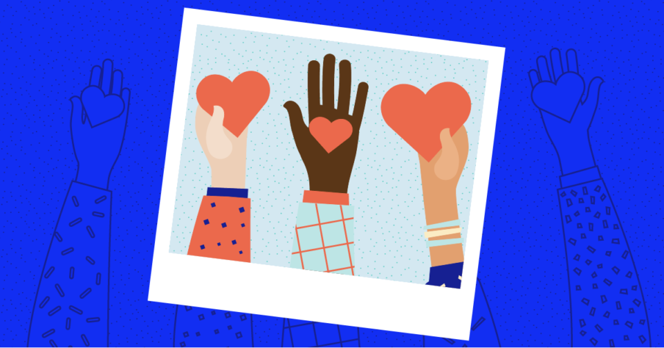 Blue State blue background with screenshot image of three hands holding a heart