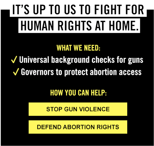 AIUSA advocacy appeal on domestic issues. Text reads, "It's up to us to fight for human rights at home. What we need: universal background checks for guns, governors to protect abortion access." 