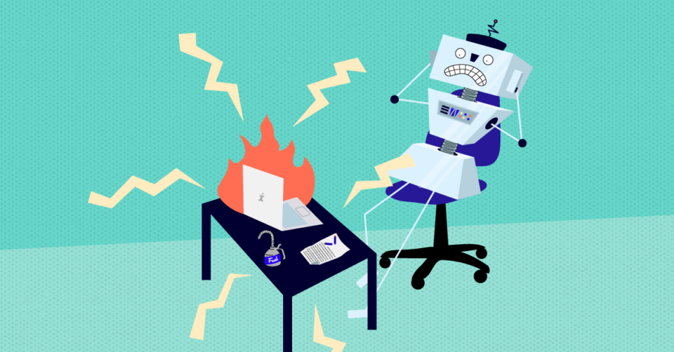 ChatBot trying to write task in computer but nothing is working. Computer is on desk on fire and chatbot is frustrated.