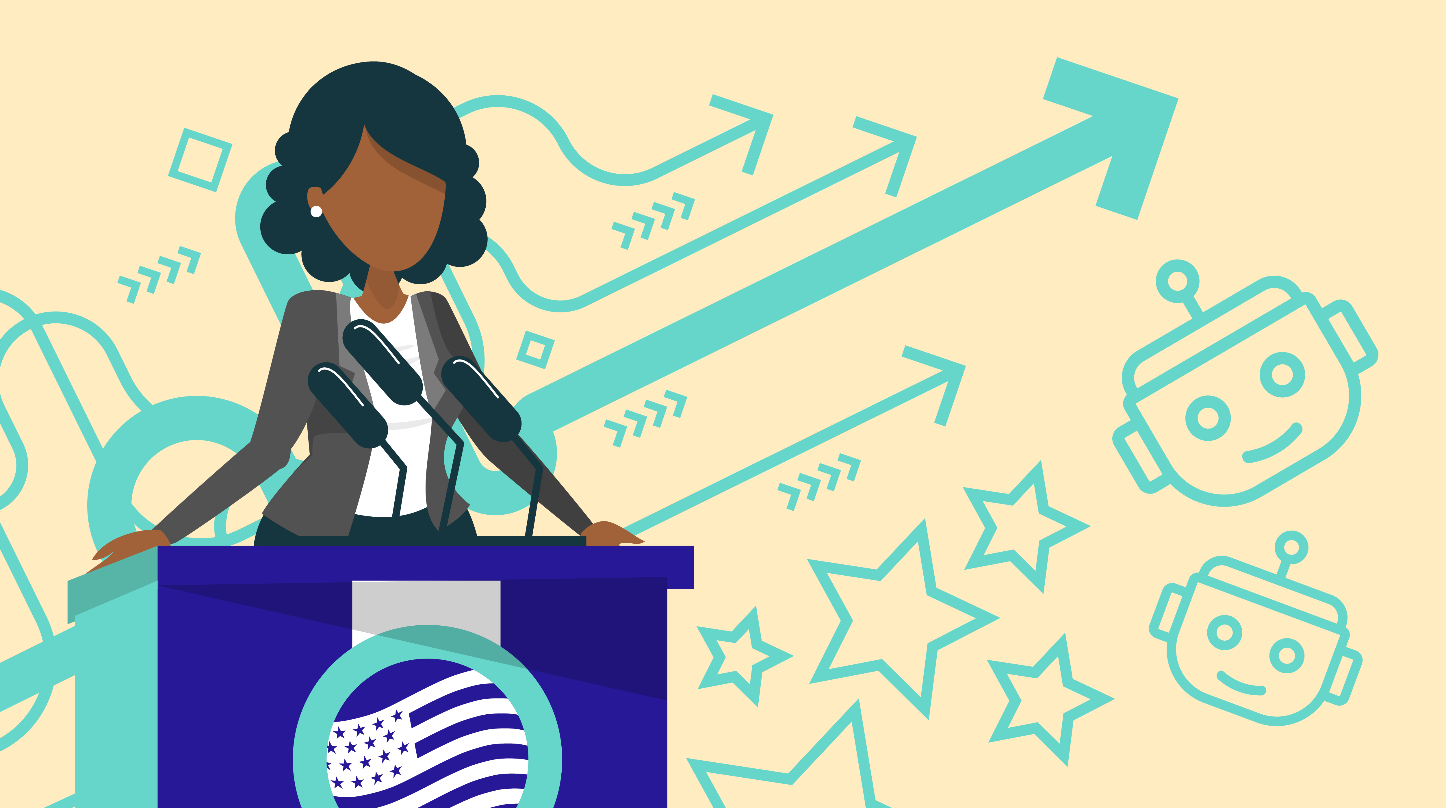 Woman running for office stands behind a podium with a logo featuring the American flag.