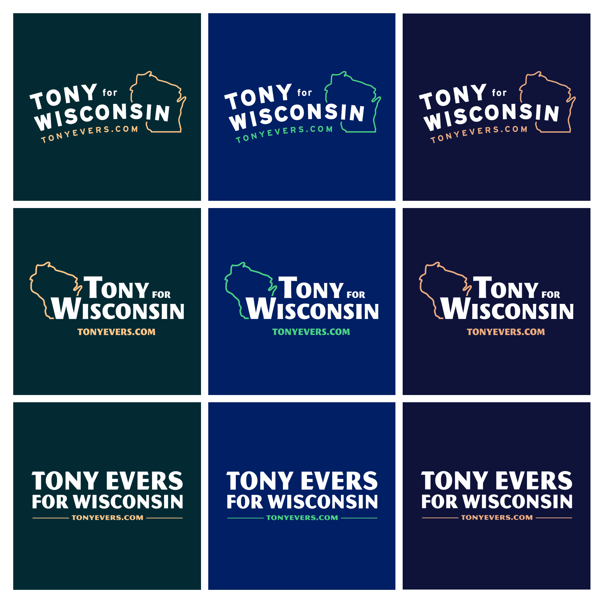 Block of Gov. Tony Evers for Wisconsin logo variations. 
