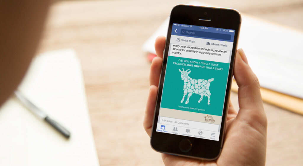 Hand holding phone showing Heifer Facebook graphic.